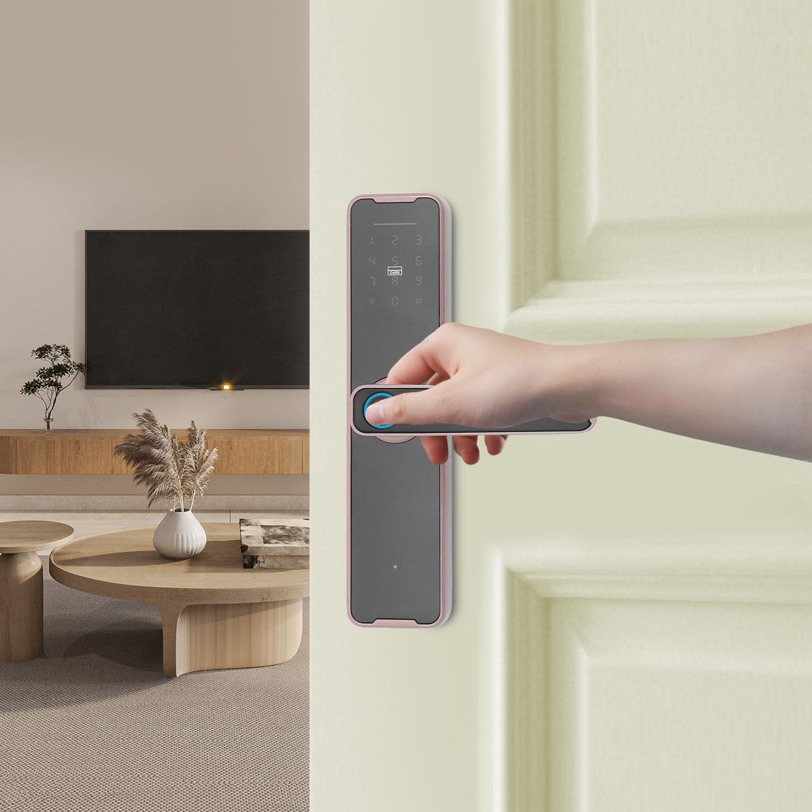 Serrure de porte intelligente, fine avec empreintes digitales, 5 modes de déverrouillage, empreinte digitale/carte/clé/déverrouillage de code/application, convient pour les portes d'une épaisseur de