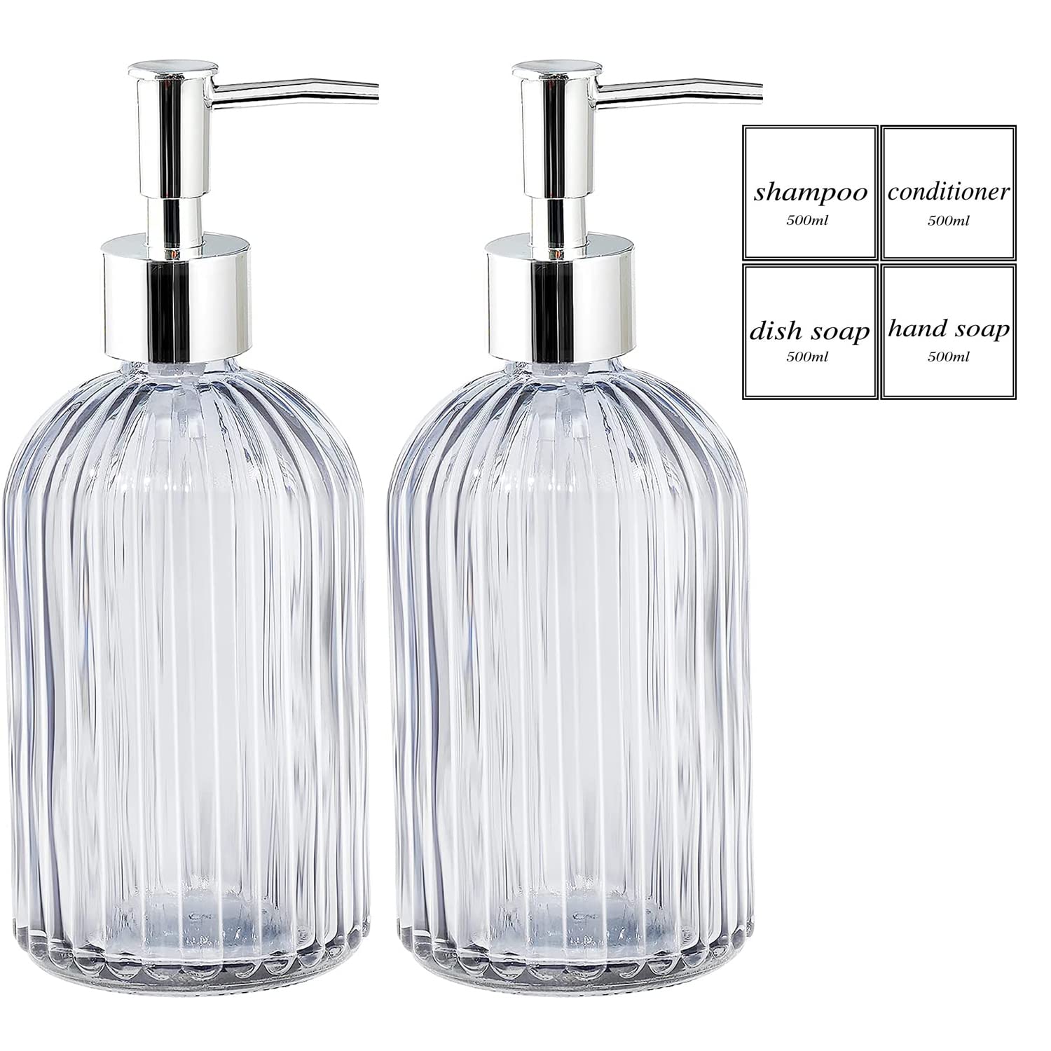 Darenyi Transparent 2 Pack Glass Soap Dispenser Bottle With Pump 420Ml Refillable Liquid Hand Jar For Bathroom, Countertop, Kitchen, Laundry Room