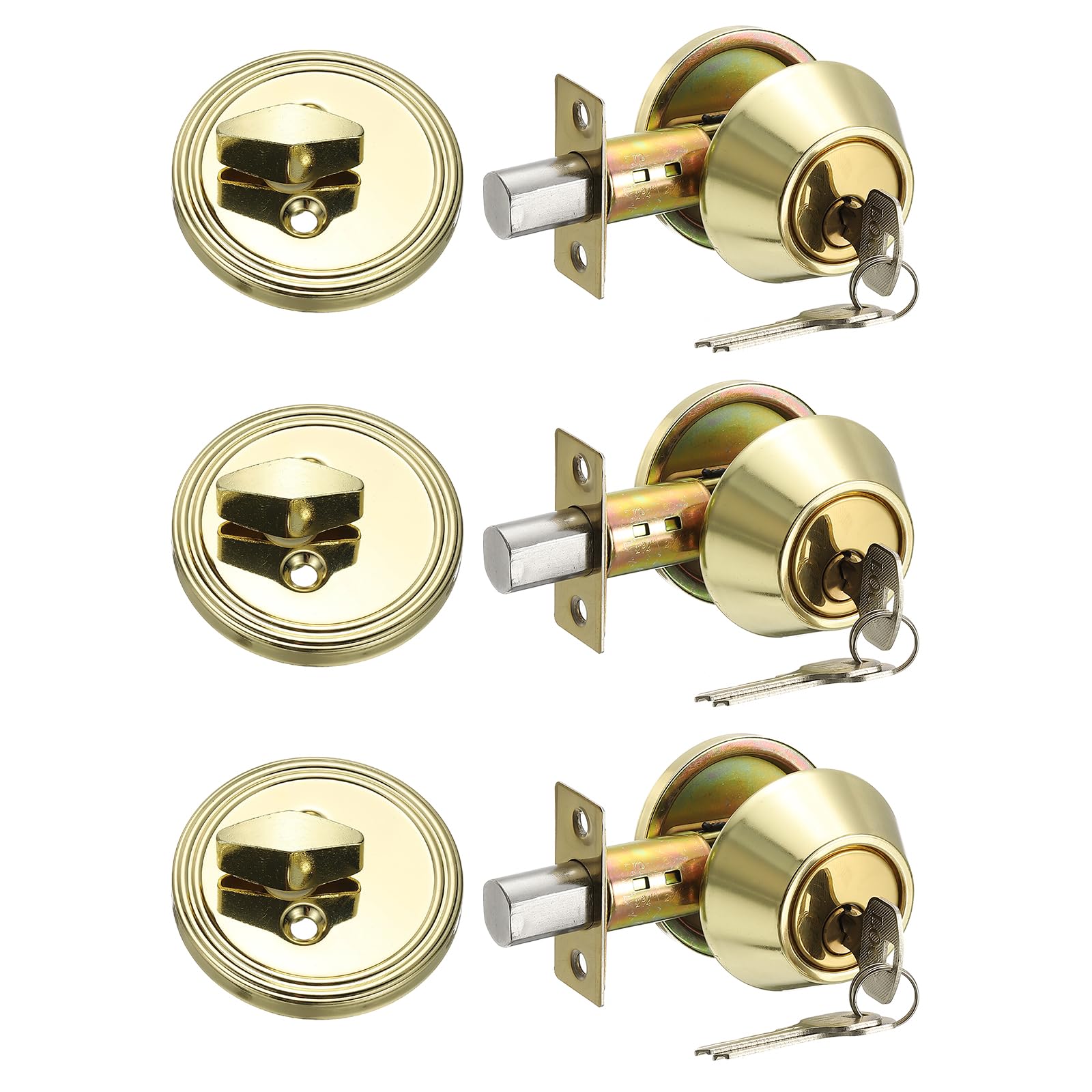 sourcing map Set di 3 chiavistelli per porta con chiave unica, cilindro singolo, serratura rotonda, maniglia per porta di spessore 3-5 cm (colore oro, confezione da 3)