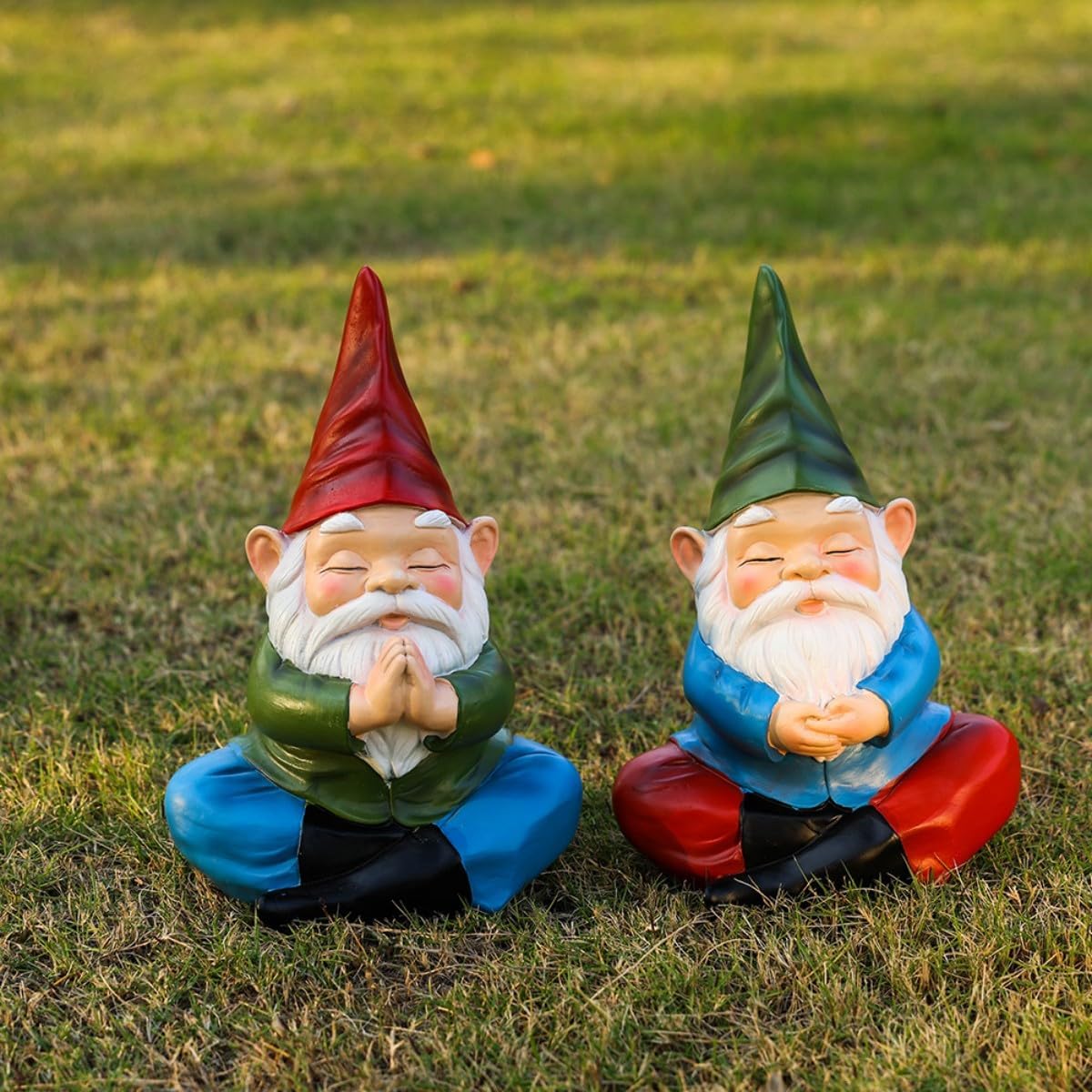 Meditation Gnome Garden Statue, 11 Inch Zen Yoga Gnome Figurine Resin Buddha Sculpture Indoor Outdoor Decor for Home Patio Lawn Yard Balcony Ornaments (Red Hat)