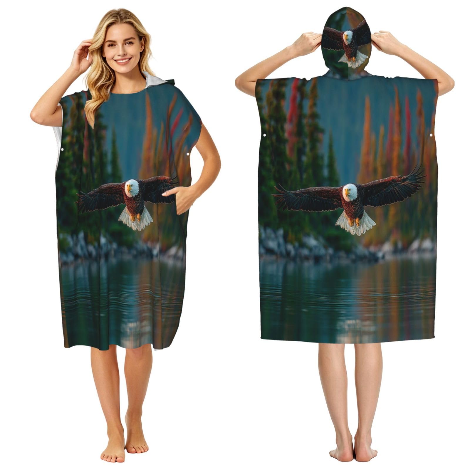 KLGRTJHK Flying Eagle Adult Hooded Beach Poncho Towel 43"X35"
