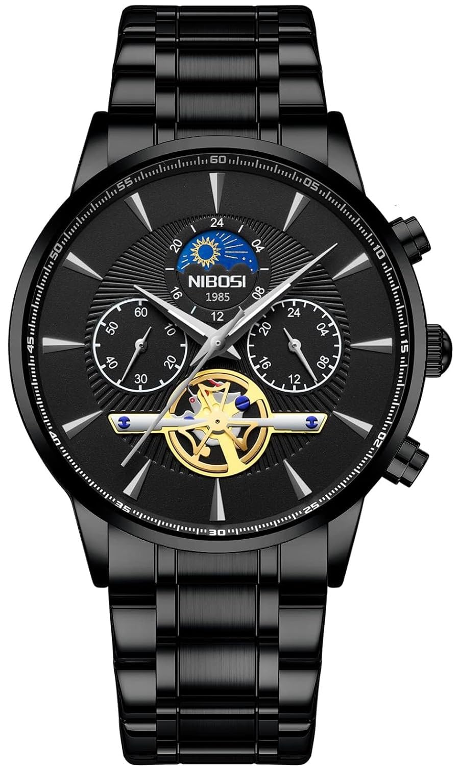 NIBOSI Hollow Dial Stainless Steel Strap Men Watch Luminous Chronograph Wrist Watches for Men (Black) (B0BSXNG19M) Amazon Price History, Amazon Price Tracker