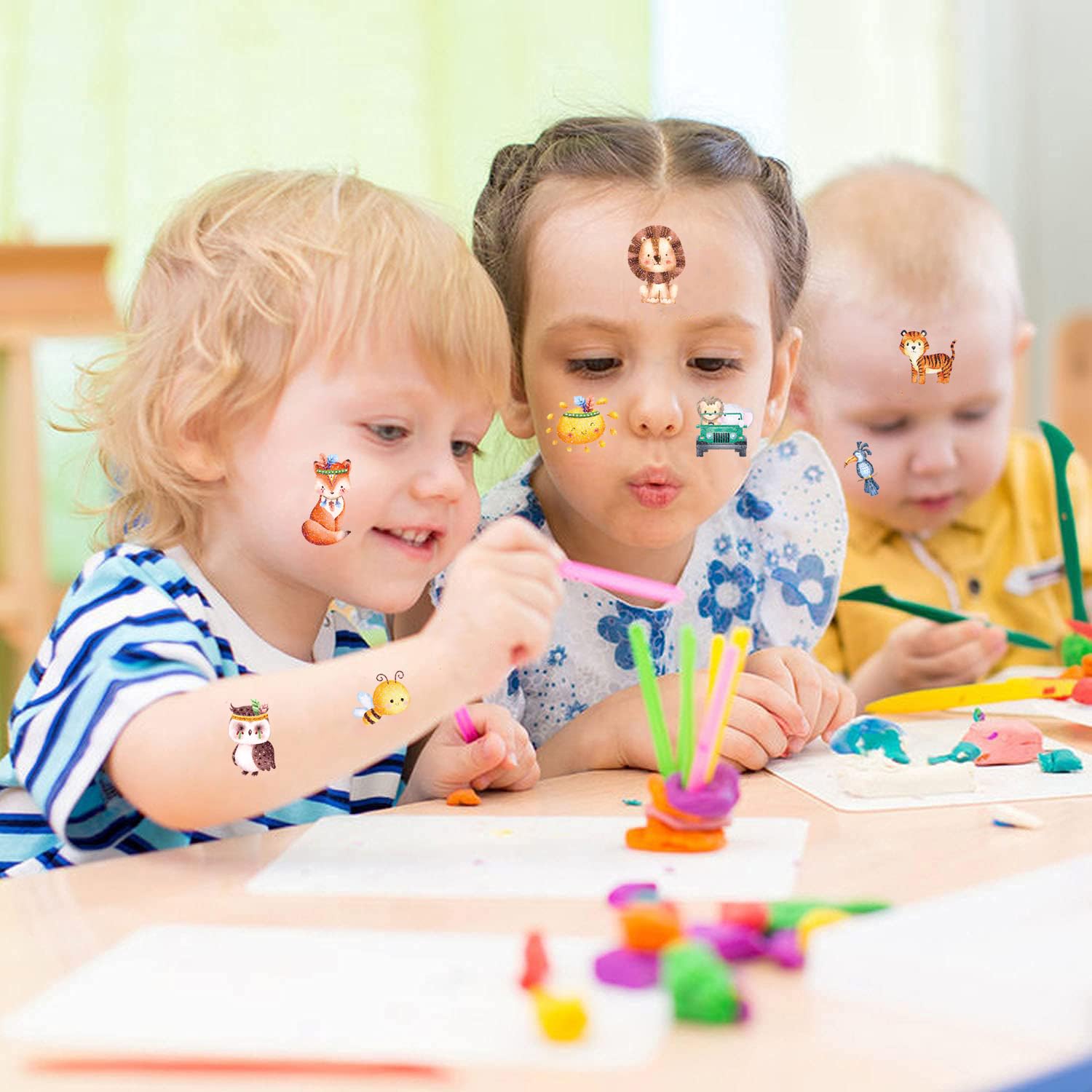 Lápices De Tatuajes Para Niños, Juego De Tatuajes Con Purpurina 6 Rotuladores De Tatuajes Con Purpurina Y 8 Recambios, 4 Plantillas, 4 Adhesivos Luminosos Para Tatuajes, 55 Pedrería, Fiestas