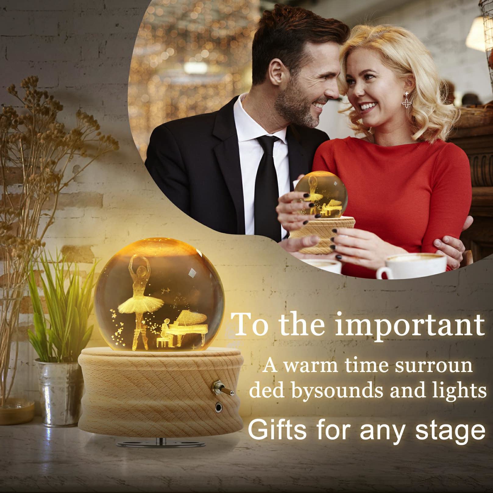 Music Box Palla Di Cristallo 3D, Scatola Musica Rotante a 360° e Proiezione Di Luce Calda per Bambini/Adulti/Matrimonio/Migliore Amico/Regali Di Natale