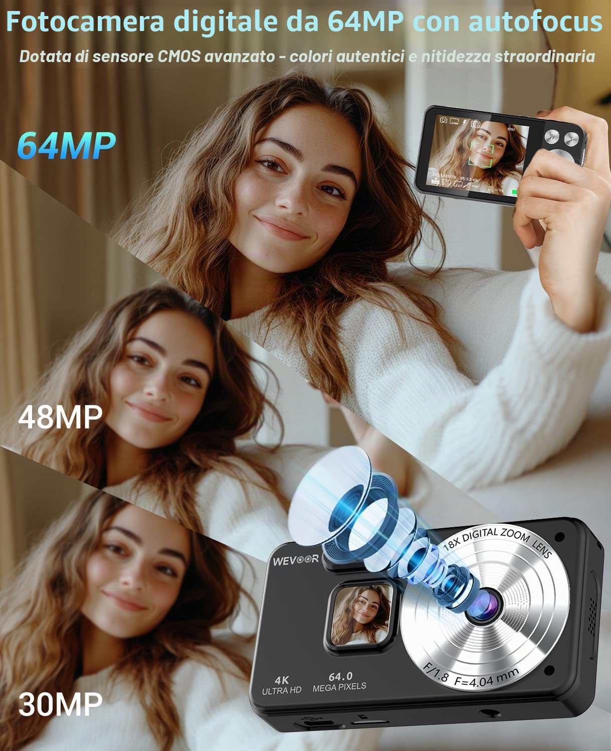 Macchina Fotografica Digitale 4K 64MP, Wevoor 32GB Fotocamera Digitale | Fotocamera Compatta, 2,8” Schermo, Zoom Digitale 18x, Batteria da 2000mAh per Principianti Bambini Adolescenti - Nero