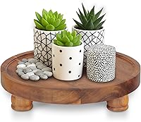 Demigo 10" Acacia Wood Round Pedestal Stand - Farmhouse Plant Riser, Bathroom Vanity Tray, Kitchen Counter Organizer for Candles, Soap, Perfume