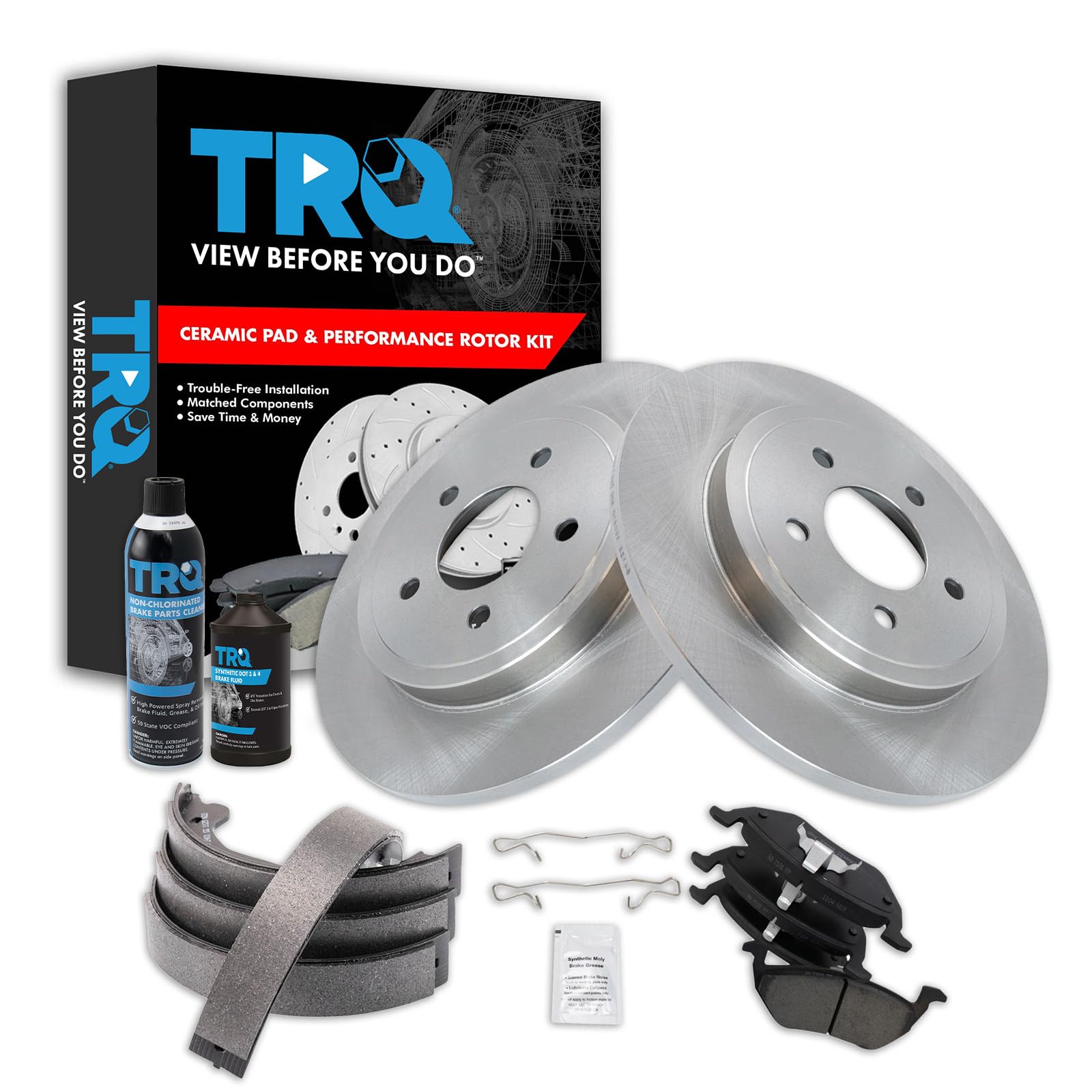 TRQ Rear Brake Pad &amp; Rotor Kit, with Chemical Kit Parking Brake Shoe Set Ceramic Compatible with 2005-2008 Ford Escape Mazda Tribute Mercury Mariner