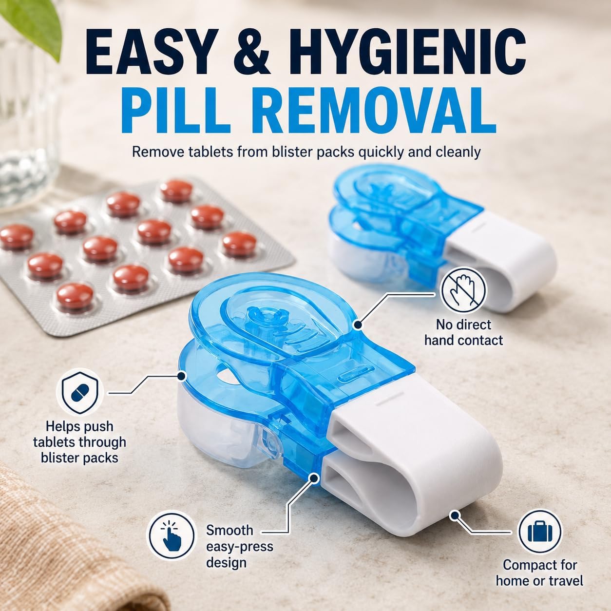 4Pcs Blue Portable Pill Remover, Blister Pack Opener, No Contact, Easy to Use, Ideal for Elderly, Disabled, Travel-Friendly, 1 Compartment, 4 Count image 3