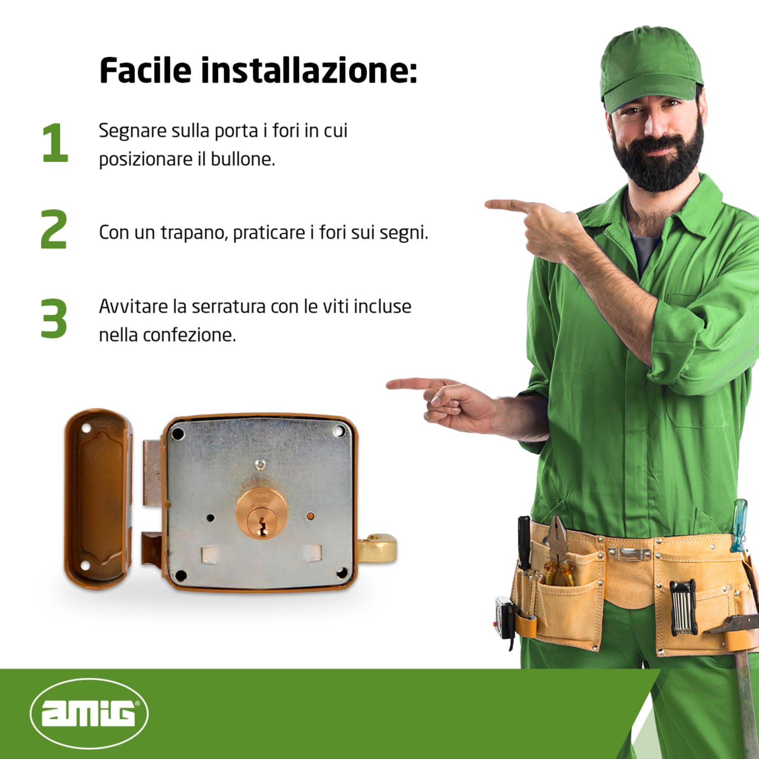 Amig - Serratura a Soprapponere Destra | Leva di Chiusura e Maniglia | Ideale per Porte in Legno | Oro, Misura 85 x 95 mm, Acciaio | Amig Griglia 3 150x150, Spessori per Cilindro