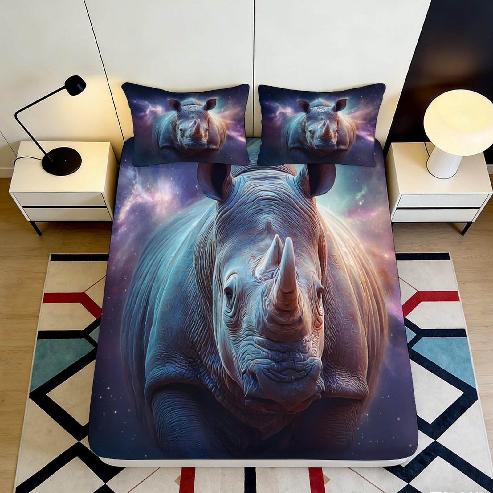 3D Printed Rhino Art Fitted Sheet Microfiber Soft Bedroom Decor Nebula Mattress Cover for Home Dorm Protection 90x200x25cm