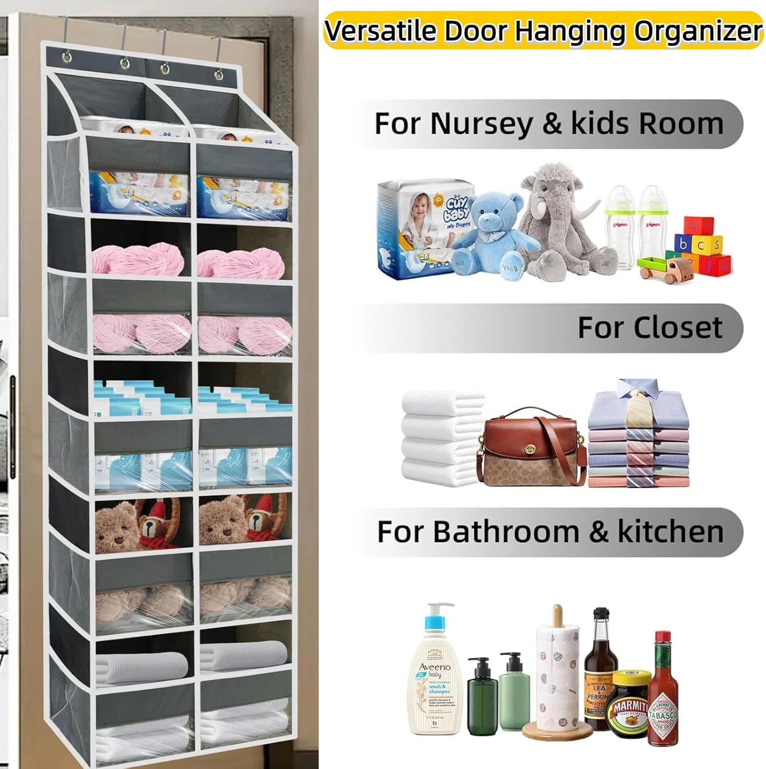 5 Tier Over the Door Organizer with 10 Clear Pockets & 10 Mesh Pockets - Extra Large Behind Door Storage for Closet, Nursery, Bedroom, Pantry | Diaper & Toy Organizer (Gray)