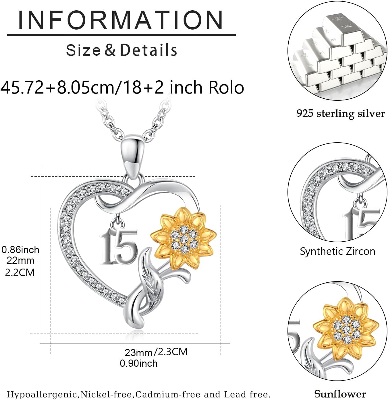 JUSTKIDSTOY 18 Year Old Girl Birthday Gifts/Sweet 15th/16th/21st/60th/80th Birthday Gifts for Daughter 925 Sterling Silver Sunflower Heart Pendant Necklace for Women Girlfriend Sister Christmas Anniversary Jewelry - Image 4