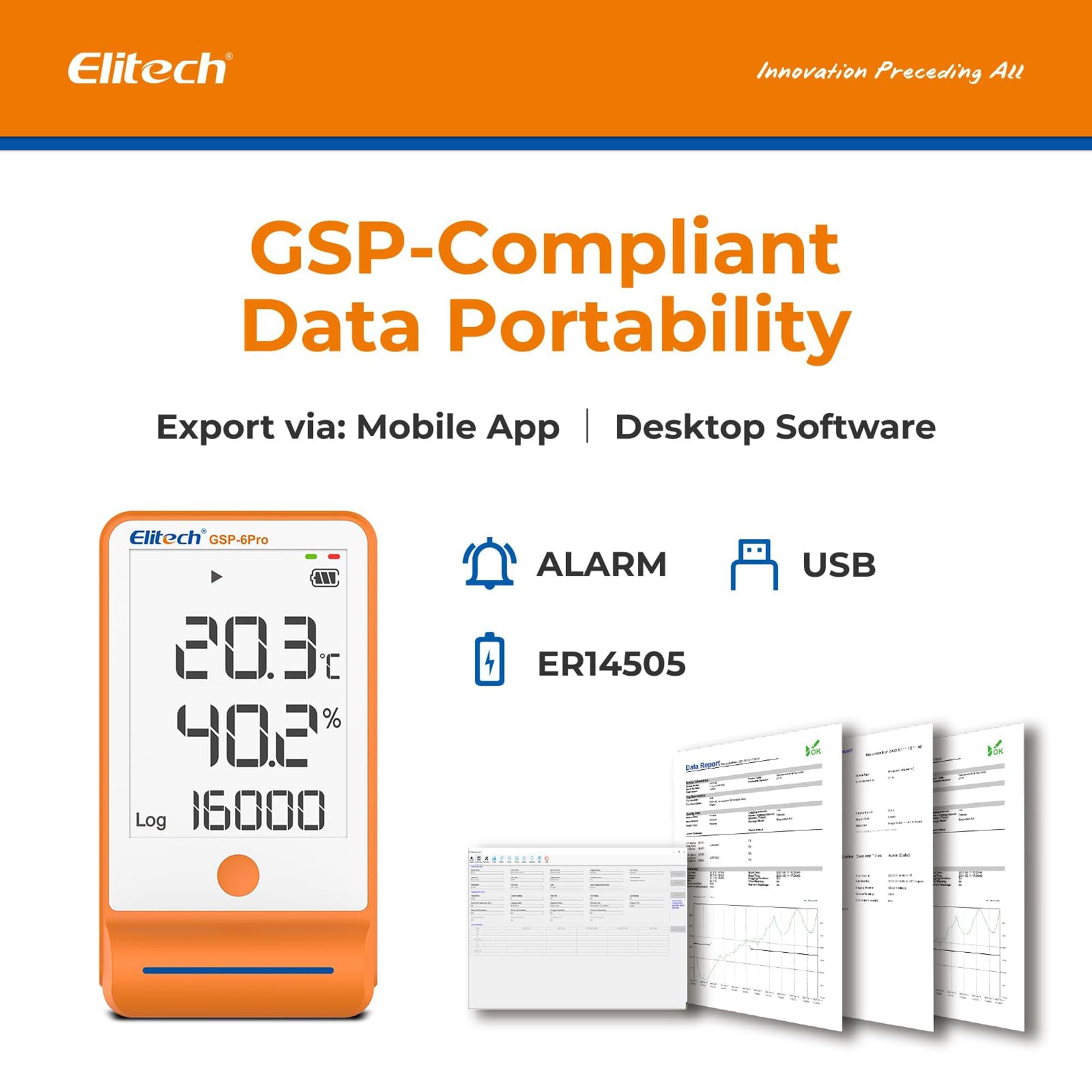 Elitech Rejestrator temperatury Bluetooth 1 sonda żelowa i 1 sonda TH z danymi cienia, raport PDF CSV 100 000 punktów, certyfikat kalibracji lodówki aptecznej, GSP-6Pro GLE+THE