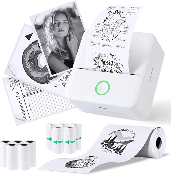 PRAOAHEI Mini Drucker, Tragbarer Thermodrucker mit 10 Rollen Druckerpapier