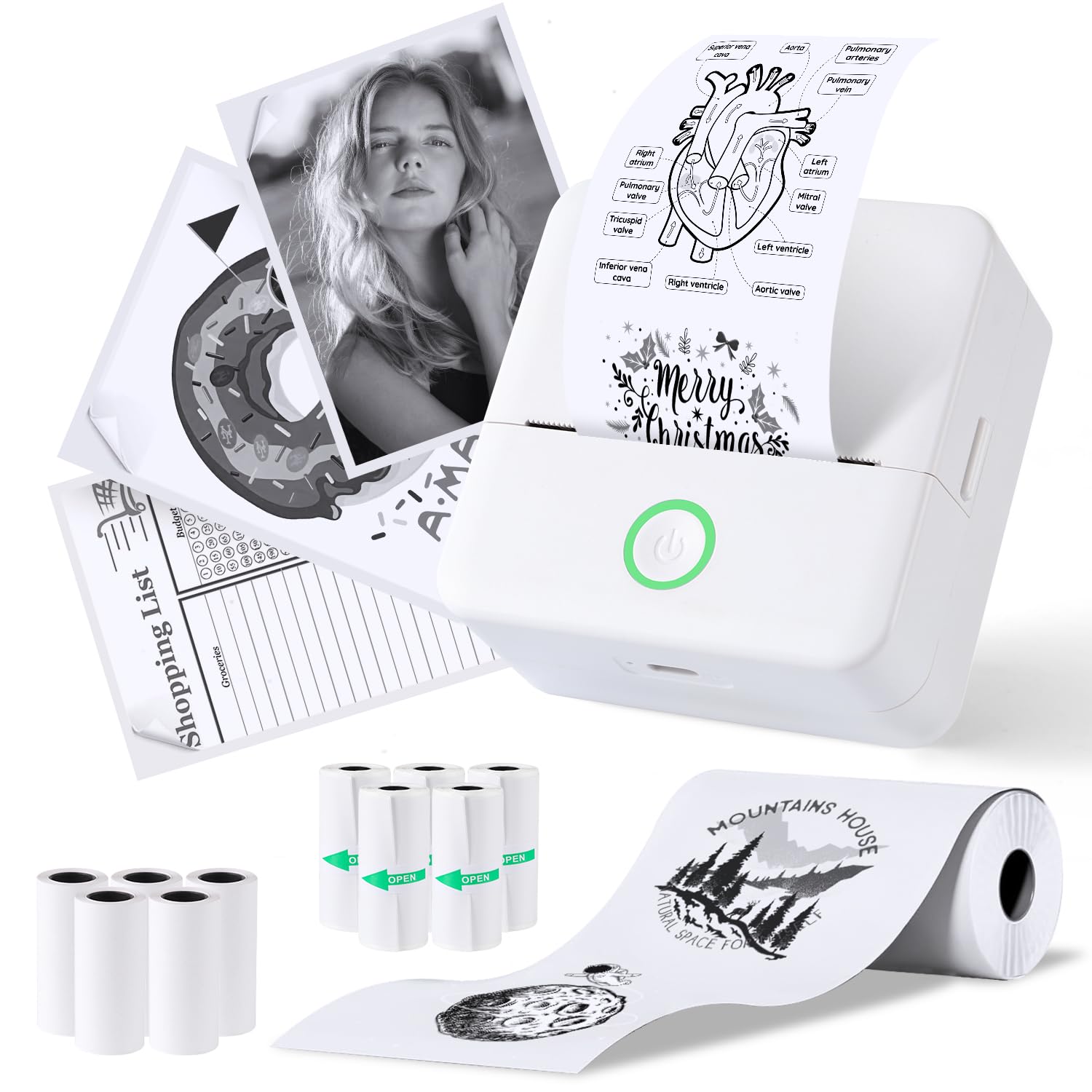 PRAOAHEI Mini Drucker, Tragbarer Fotodrucker mit 10 Rollen Druckerpapier, Bluetooth-Etikettendrucker, Thermodrucker für Notizen, Fotos, Tagebücher, Heimwerken, kompatibel mit iOS und Android (Weiß)