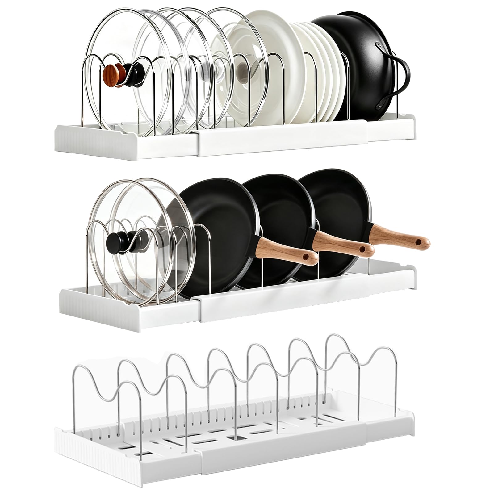 3 Pack Pots and Pans Organizer Rack, Expandable 12"-22" Pot Lid Rack