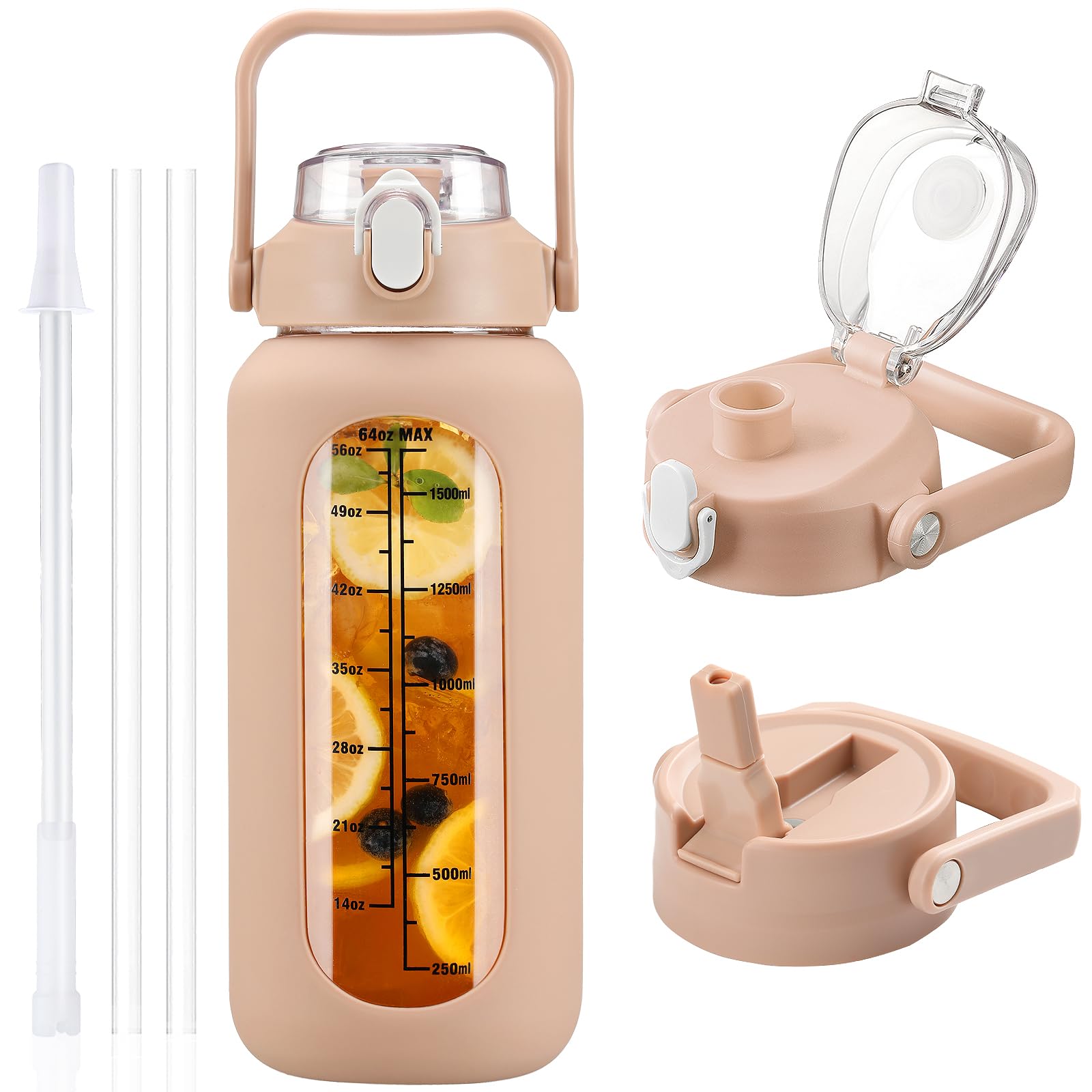 HYDRAGLAZIC 2L Glass Water Bottle with 2 Lids Flip and Chug Lids 2 Liter Large Water Jug with Time Marker and Silicone Sleeve BPA Free Leak-proof for Sports Gym Amber