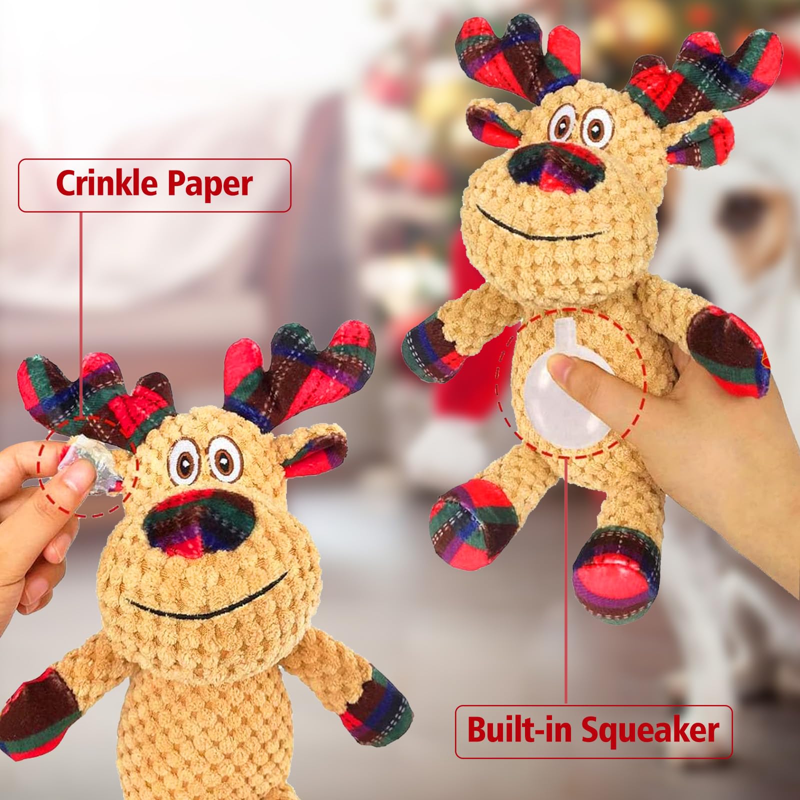 Banlilu Christmas Squeaky Dog Toys,Soft Cute Reindeer Durable Teeth Cleaning Interactive Plush Dog Toys,Xmas Gift for Puppies Small and Medium Dogs - Image 3