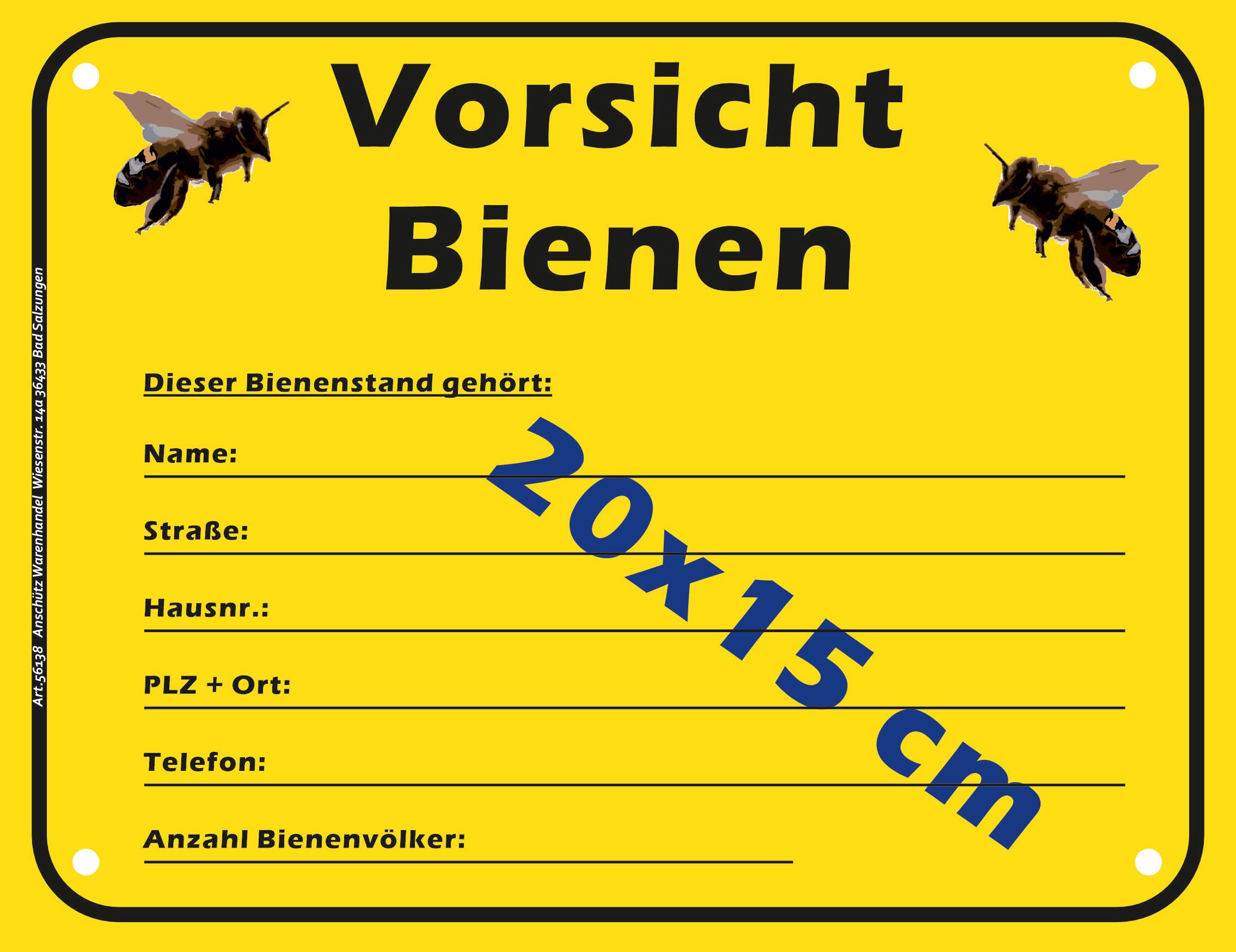 Bienenstand Schild – Warnschild gelb-schwarz, A5 Format