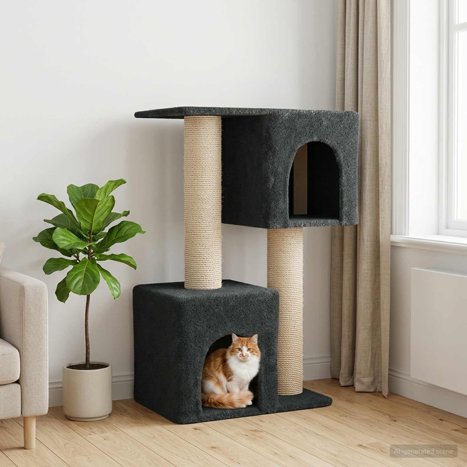Rascador con columna rascador de sisal, gris oscuro, 114 cm | Torre de escalada de varios pisos con una acogedora cueva para gatos para el salón o el dormitorio.
