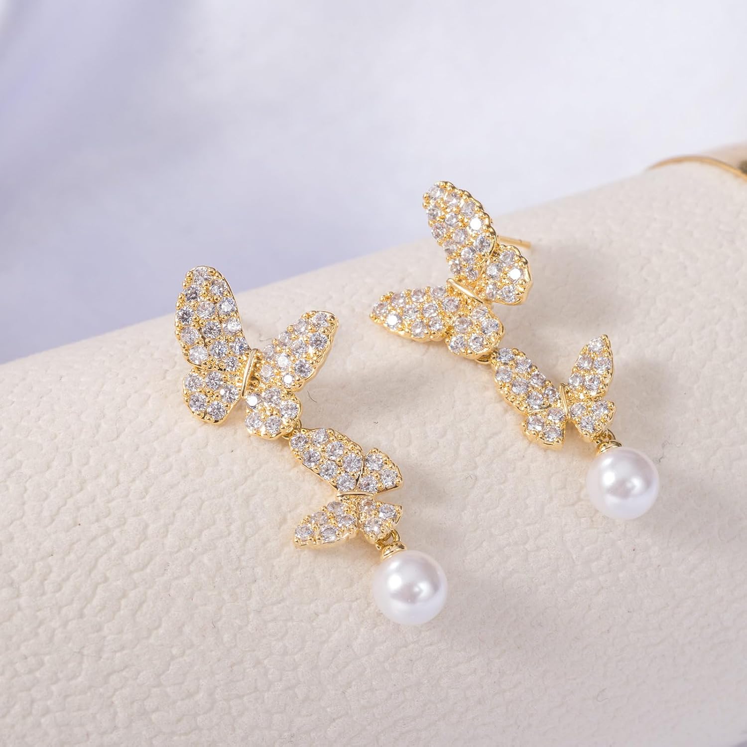 14K Gold Plated Butterfly Stud Earrings - Comfortable Lightweight Design with Secure Butterfly Backs, Cubic Zirconia Bow Posts Jewelry Gifts for Women - Image 3