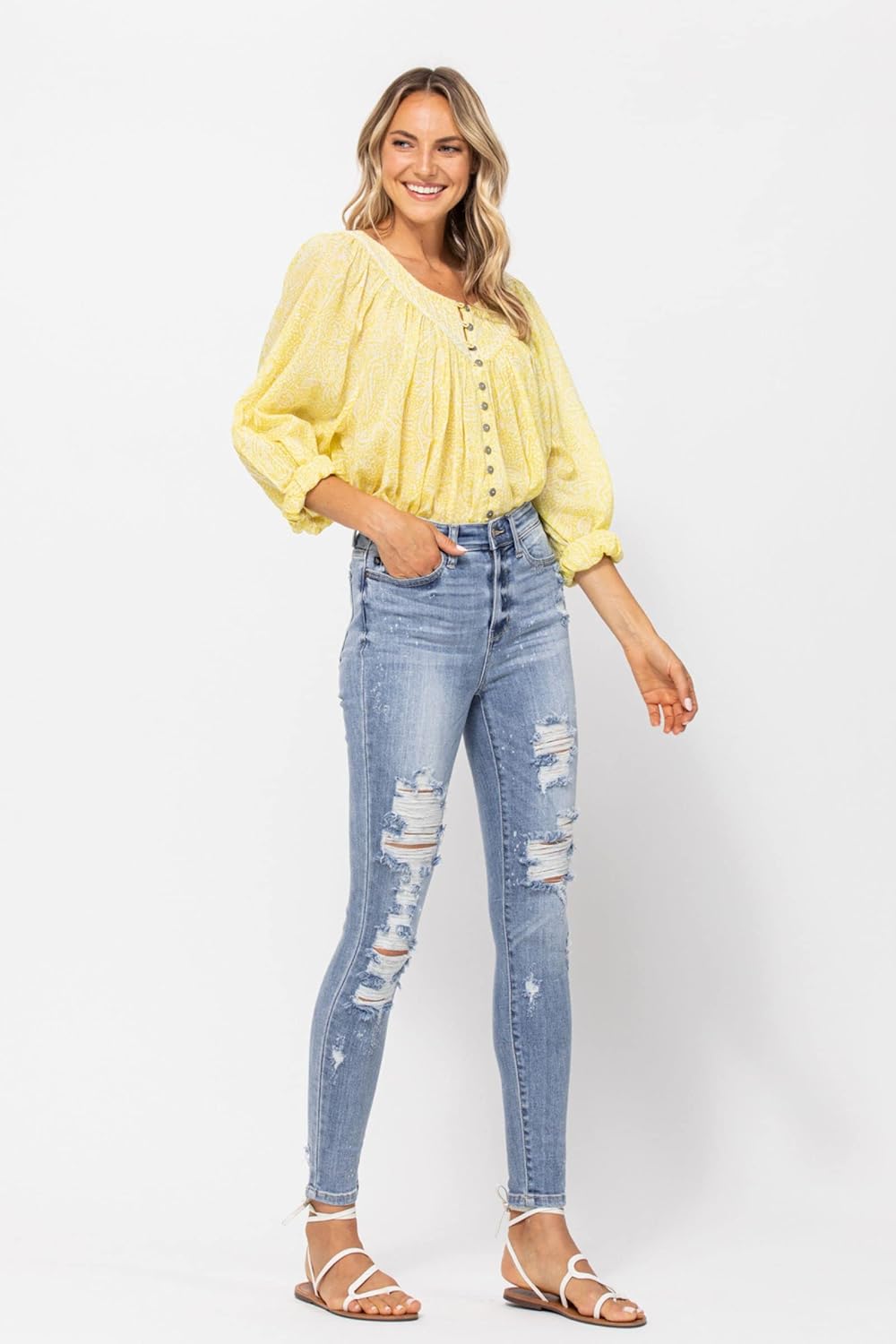 'Fiercely Bella Boutique' Hi-Rise Bleach Splash Destroyed Skinny Jeans (Style 82293)