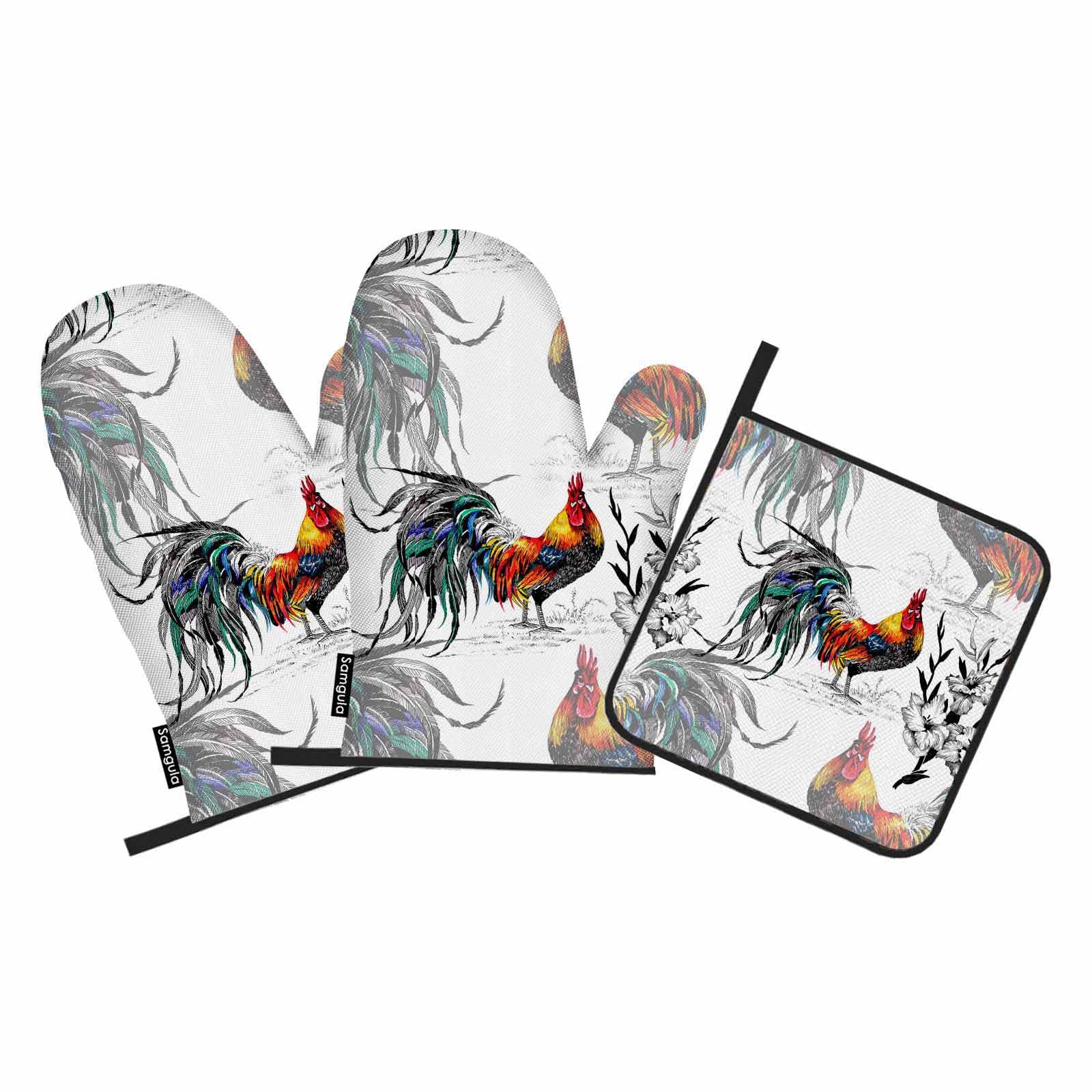Samgula Roosters Oven Mitts and Pot Holders Sets Farm Animal Colorful Vibrant Heat Resistant 3pcs for Cooking Baking BBQ