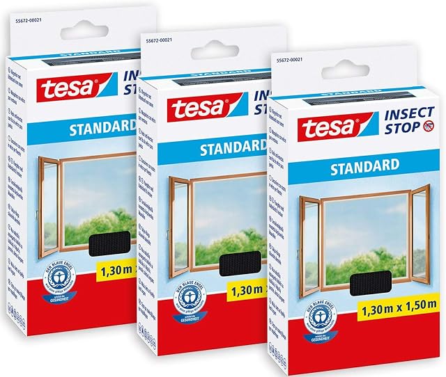 tesa Insect Stop STANDARD moskitiera do okien - moskitiera do przycięcia na wymiar - ochrona przed komarami bez wiercenia - 3 x moskitiera antracytowa - 130 cm x 150 cm