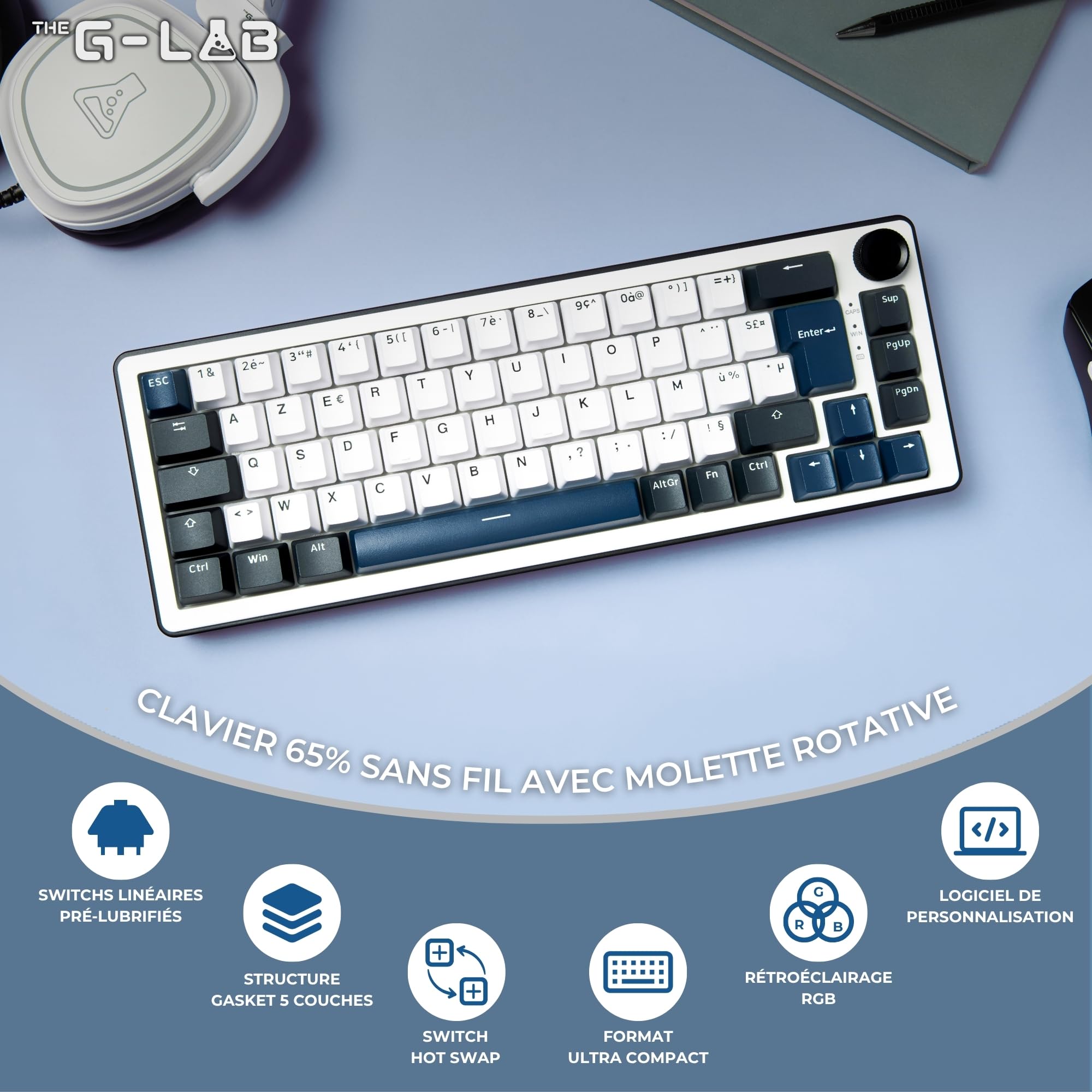 The G-Lab Keyz Elite 200 BW - Tastiera Gamer senza fili meccanica | Formato 65%, Interruttore Hot Swap Prelubrificato, 100% Custom, AZERTY FR
