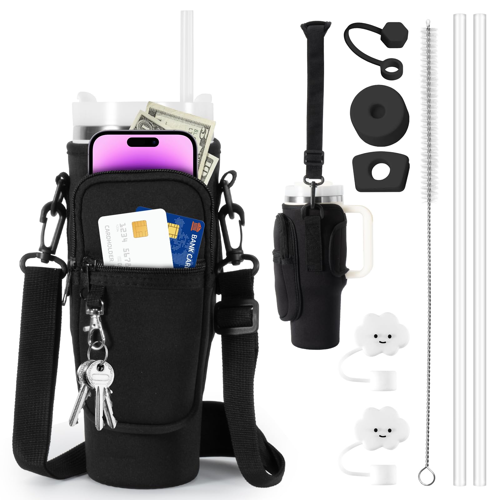Stanley Cup Sac porte-bouteille d'eau avec sangle, accessoires paille anti-fuite et mousqueton - Noir