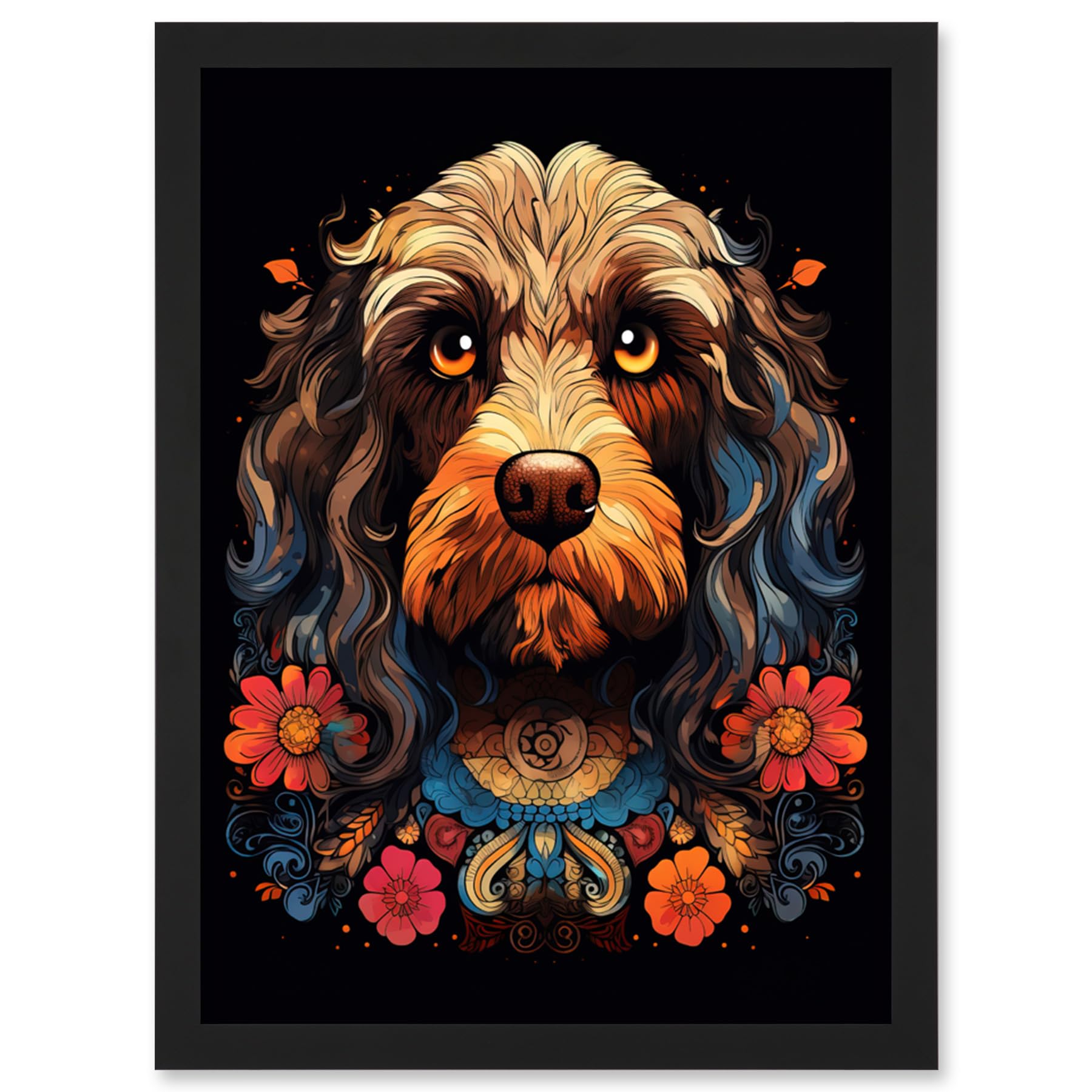 Artery8 Cockapoo Dog with Ornate Collar and Flowers Symmetrical Floral Artwork Orange Pink Blue Tribal Design on Black Artwork Framed Wall Art Print A4