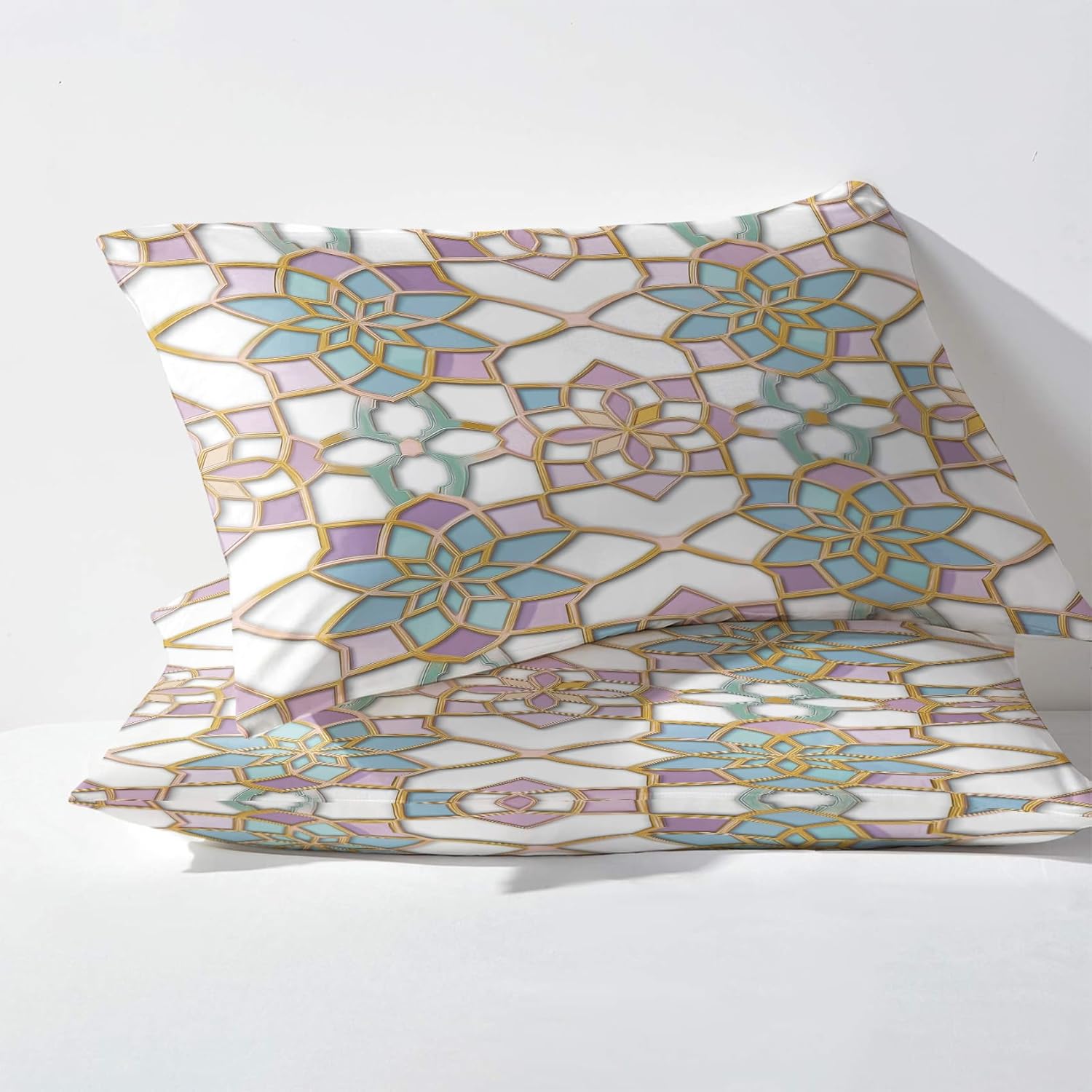 Moroccan Flower Pillowcase for Room Decor & Gift, Patchwork Geometric Pillow Cases Queen Size Set of 2, Boho Portuguese Tiles Printed Bed Pillow Covers with Zipper, Cozy Microfiber