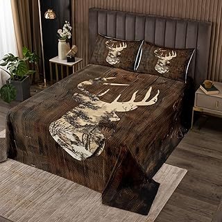 Homemissing Juego de colcha acolchada para niñas y niños, diseño de ciervos y cuernos de tamaño doble, decoración de habitación, diseño de animales salvajes, color marrón