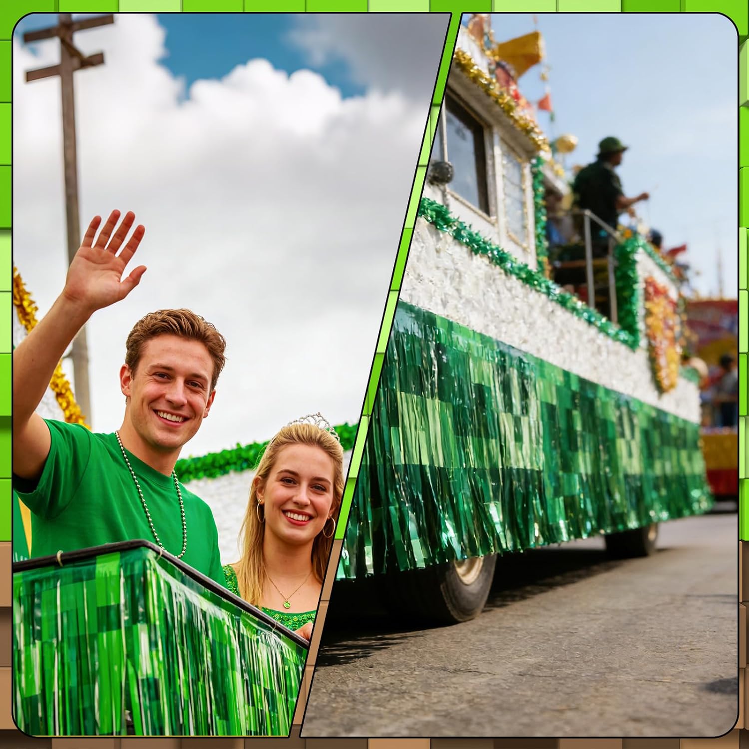 Green Pixel Float Decorations Foil Fringe Garland 2 Pack 10 Ft, Metallic Tinsel Streamers for Trailer Car, Pixel Gamer Theme Birthday Party Backdrop