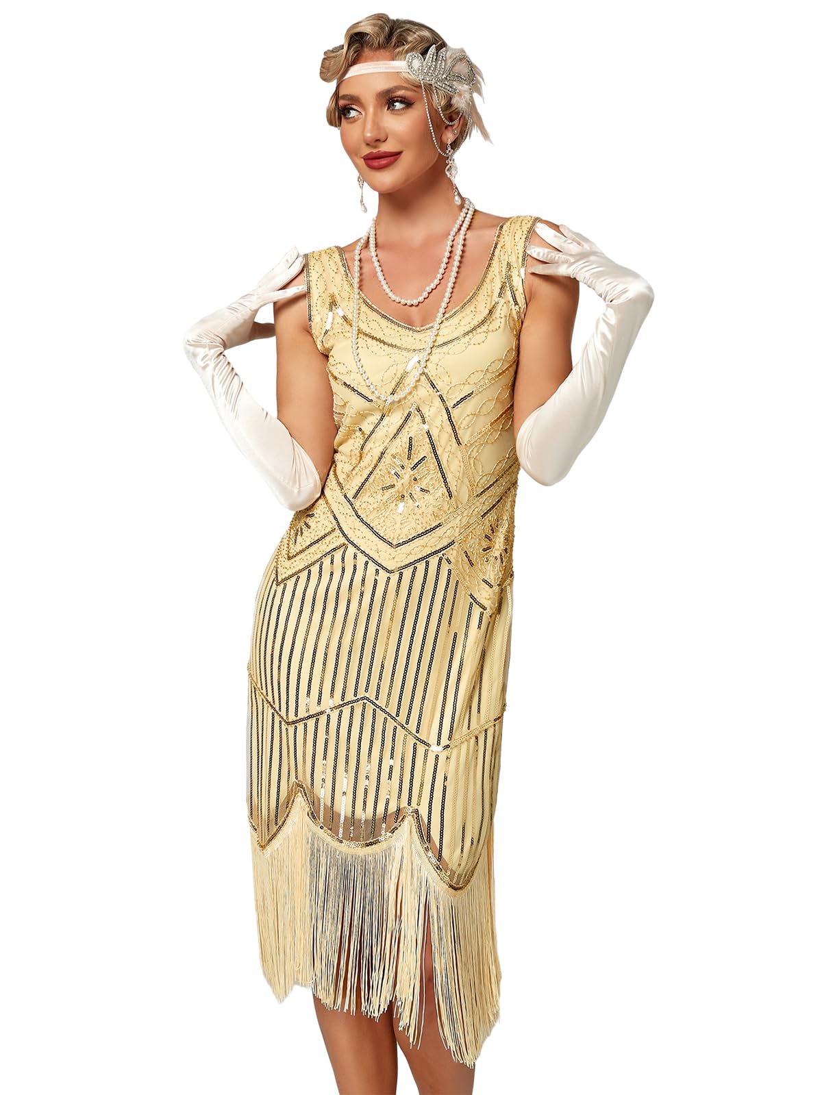 Viloree Mujeres 1920s Vestido con Lentejuelas Embellecido Borlas Dobladillo Vestido de Coctail Flapper