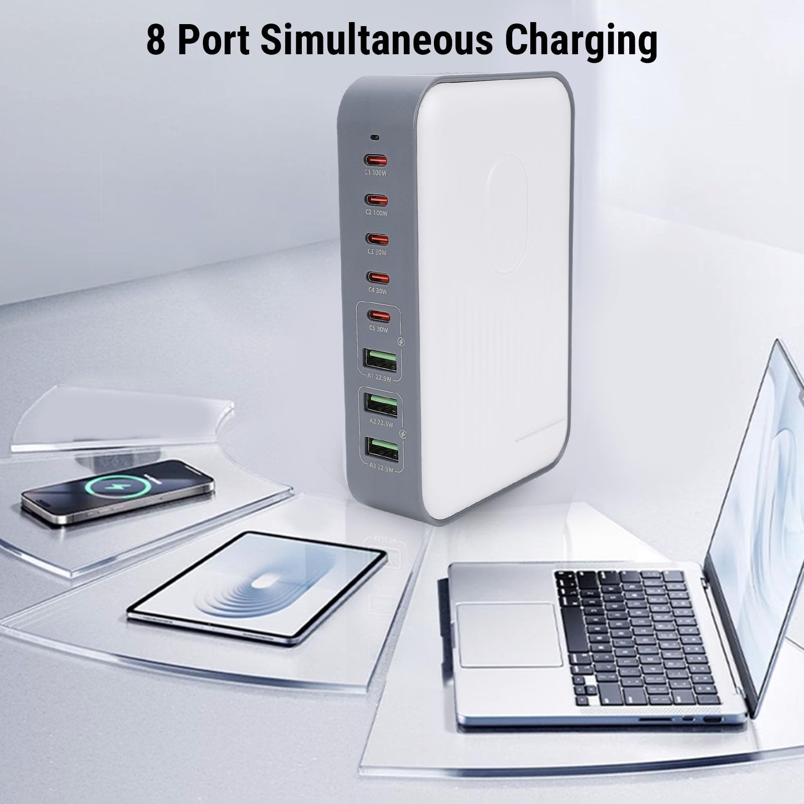 Jectse Caricatore USB C da 200 W, Hub di Ricarica Rapida con 8 Porte USB, Stazione di Ricarica Universale per Telefono Desktop per più Dispositivi Elettronici, Tablet, Laptop (Spina europea)