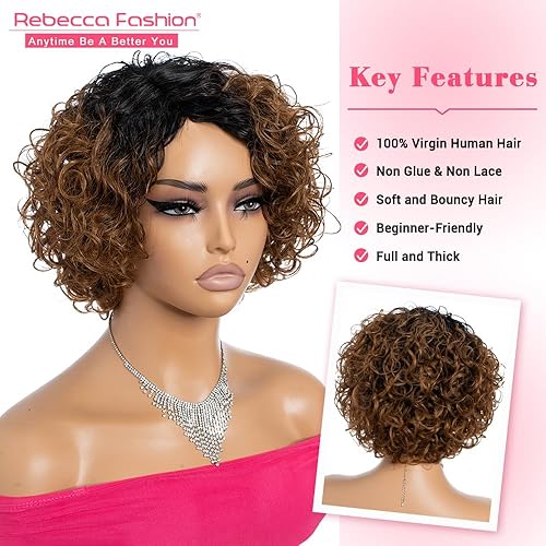 Miniatura 2 de Rebecca Fashion Pelucas de cabello humano corto ondulado para mujeres negras, linda peluca rizada estilo Bob, parte lateral, sin encaje, pelucas