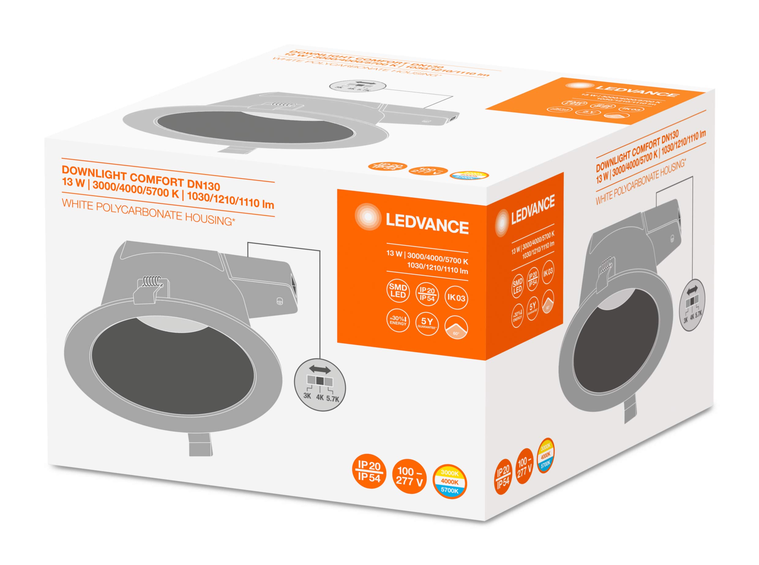 LEVANCE Downlights mit einstellbarer Lichtfarbe, Ersatz für 1x18W CFLi | energiesparend, 13 W, Aluminium (Gehäuse), Polycarbonat (Diffusor) | DL COMFORT DN 130 13W 3CCT IP54 WT