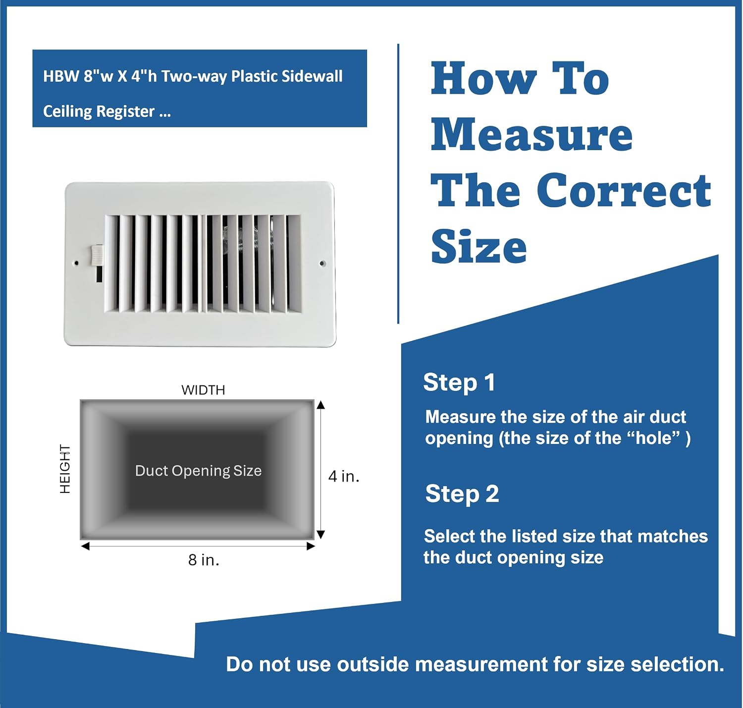 Two-way plastic side wall/ceiling register in white 8"w X 4"h for duct opening (outside dimension is 10"w X 6"h) image 4