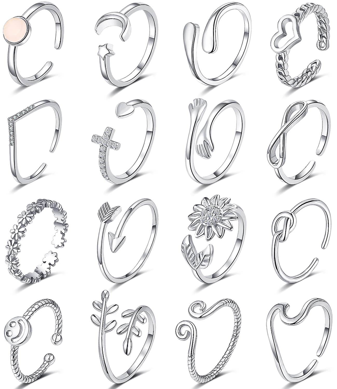 FUNEIA 12/16PCS 14K Gold Plated Silver Adjustable Rings for Women Stackable Simple Cute Ring for Teens Open Stacking Thumb Knuckle Rings Set Finger Rings Pack, Metal, copper