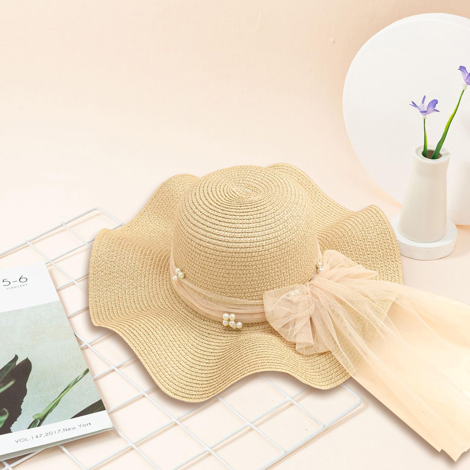 Kunyeah Enfants Fille été Chapeau de Paille Pliable Large Bord Casquette Pare-Soleil Chapeaux Protection Solaire Plage Chapeaux de Paille Bowknot Disquette Casquette pour Voyage Vacances