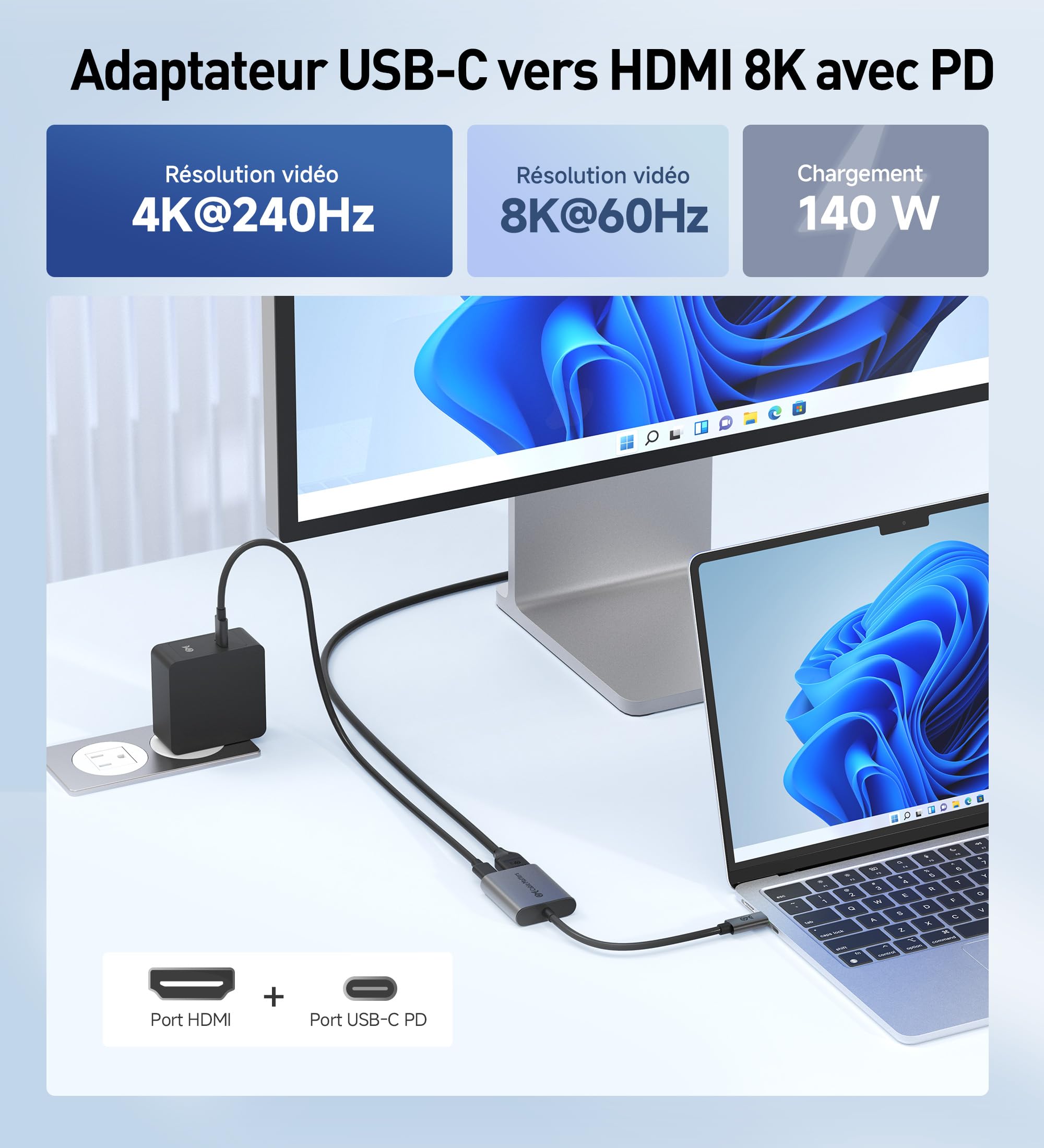Cable Matters Adaptateur USB-C vers HDMI 2.1, 48Gbit/s avec Charge de 140W