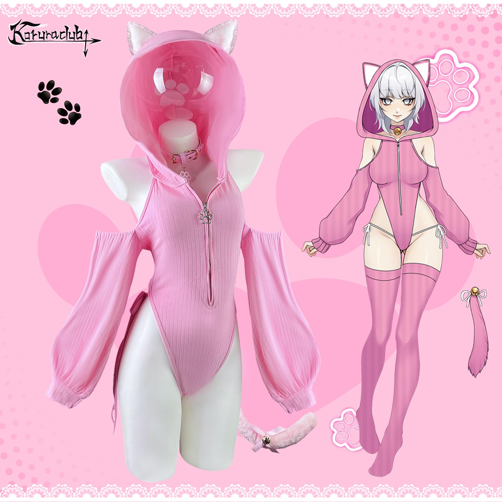 KORURACLUB Sexy Cat Maid Outfit Womens Lingerie Set Kitten Cat Claw Cosplay Sexy Sweater lingerie animal Cosplay lingerie: Pink Large-X-Large