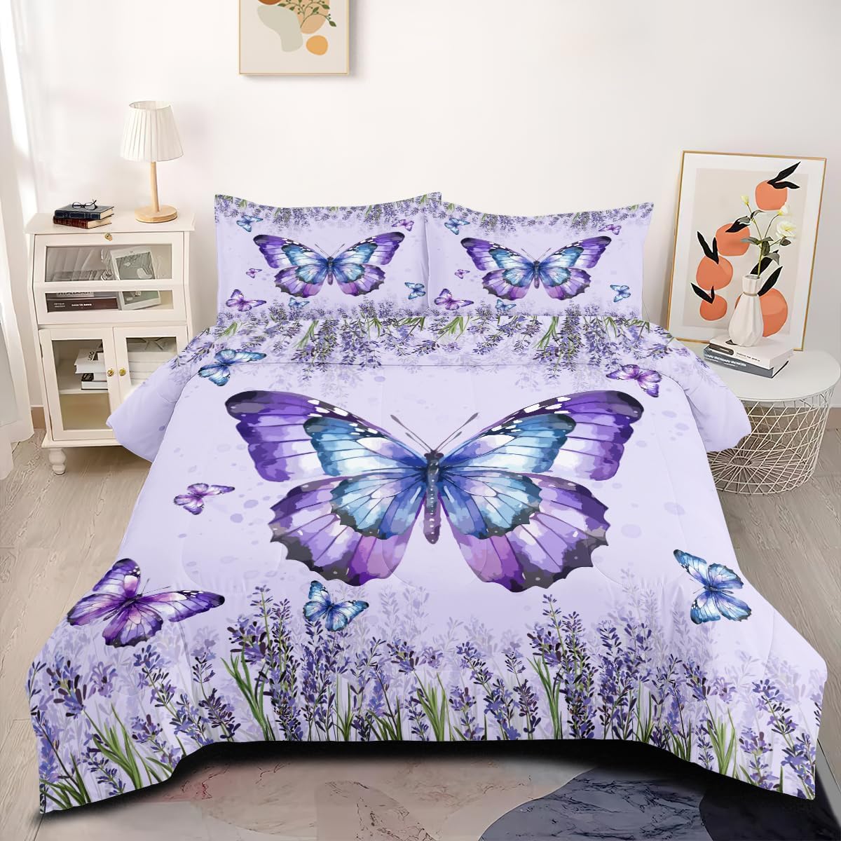 Highland Comforter Set King Size Gray Cow Print Floral Bedding Set 3Piece Farmhouse Country Rural Spring Flower Comforter with 2 Pillowcases for Bedroom Decor