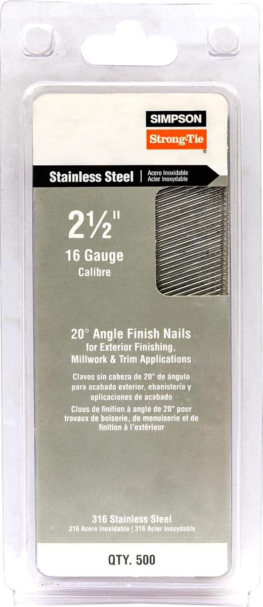 Simpson Strong-Tie T16N250PFB 20-Degree Angle Finishing Nail - 2-1/2-in. x 0.065 in., Adhesive Collation, T-Style Head, 16-Gauge Type 304 Stainless Steel (500-Qty)