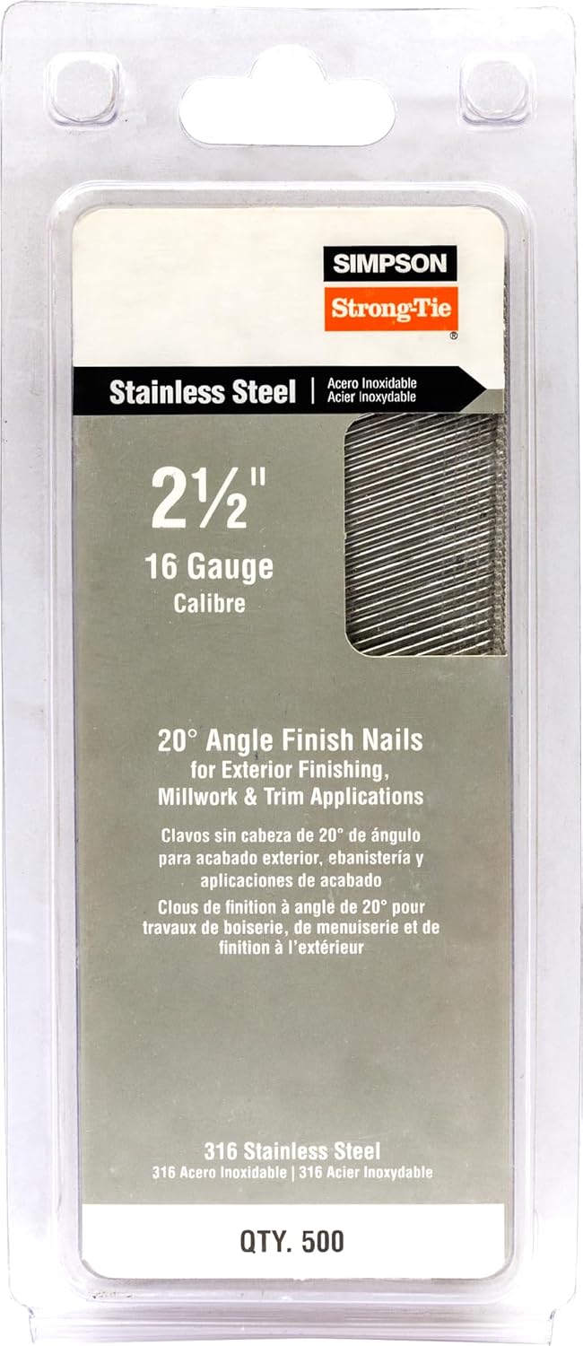 Simpson Strong-Tie T16N250PFB 20 Angle, Adhesive Collation, T-Style Head, 16-Gauge Finishing Nail 2-1/2 in. Type 316 (500-Qty)