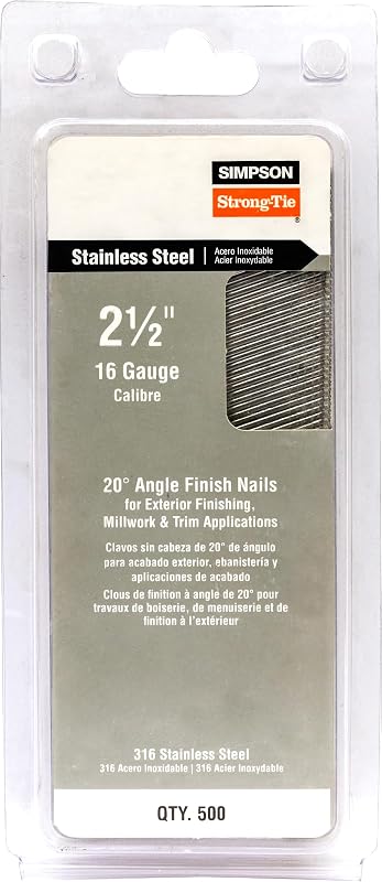 Simpson Strong-Tie T16N250PFB 20-Degree Angle Finishing Nail - 2-1/2-in. x 0.065 in., Adhesive Collation, T-Style Head, 16-Gauge Type 304 Stainless Steel (500-Qty)