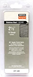 Simpson Strong-Tie T16N250PFB 20 Angle, Adhesive Collation, T-Style Head, 16-Gauge Finishing Nail 2-1/2 in. Type 316 (500-Qty)