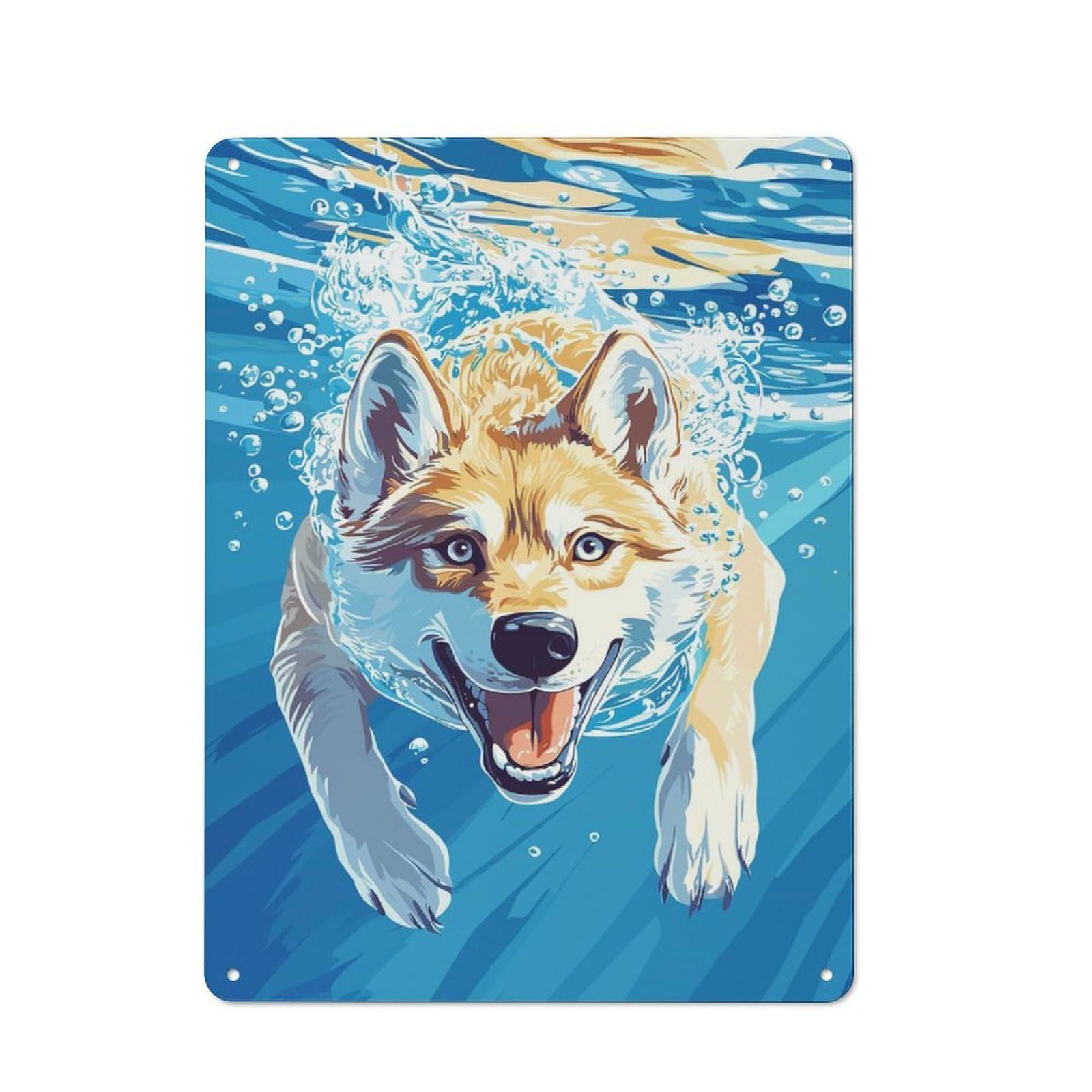 Junmoney Style-3 Workshop Style Dog Swimming Underwater Illustration Tin Sign 40X30cm, Workshop Wall Decor For Tool Room, Garage, Studio Or Home Bar