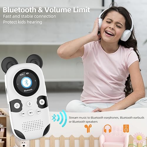 Miniatura 2 de MUZXQII Reproductor MP3 Bluetooth de 64 GB para niños, lindo reproductor de música portátil de panda con altavoz, grabadora de voz, radio FM, sonido